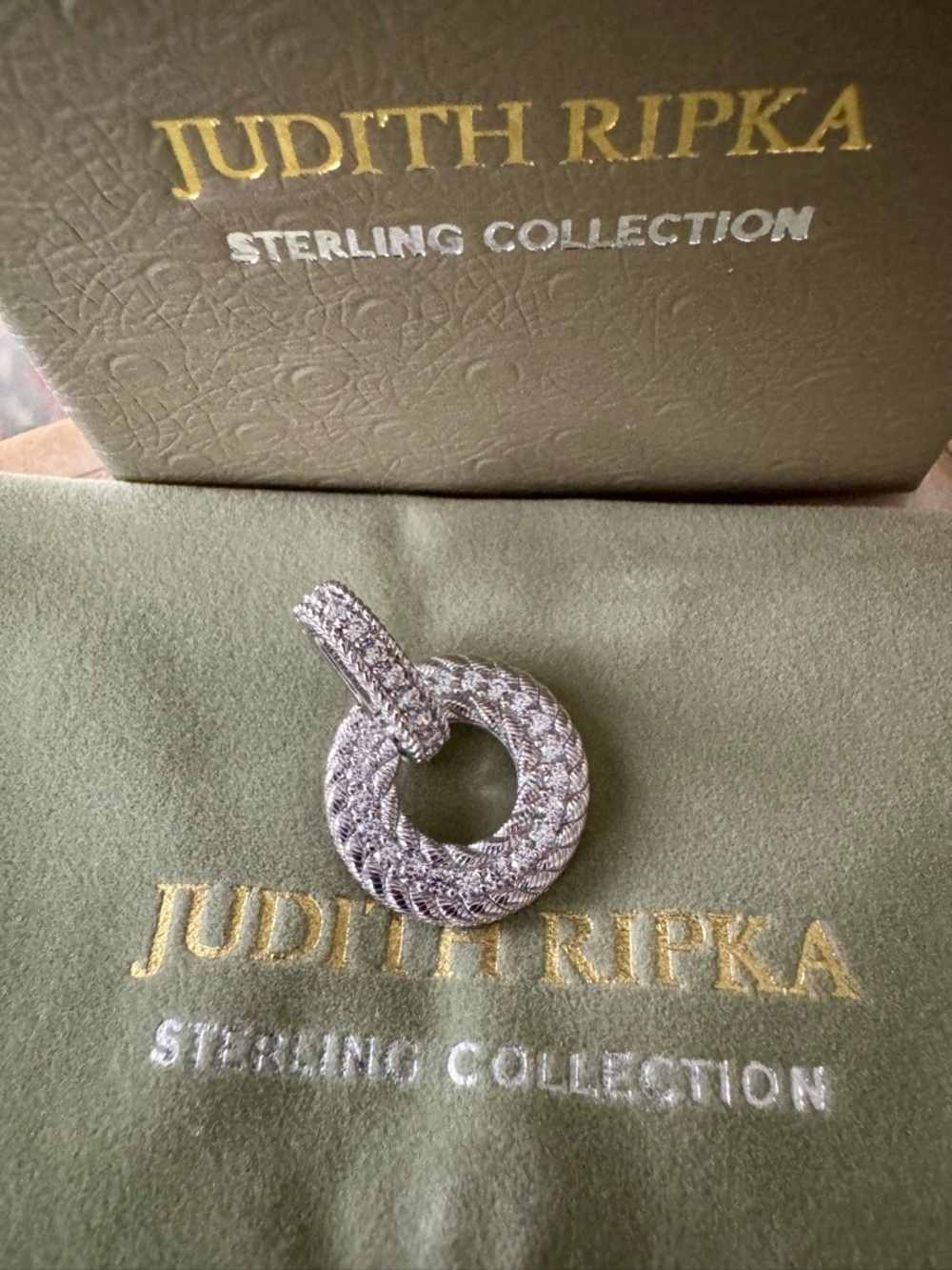 Judith Ripka Sterling Silver Textured Circle Pendant in Silver N CZ - Picture 2 of 10